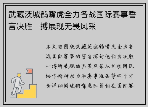 武藏茨城鹤嘴虎全力备战国际赛事誓言决胜一搏展现无畏风采