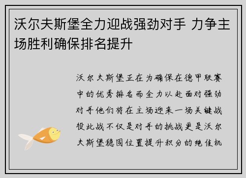 沃尔夫斯堡全力迎战强劲对手 力争主场胜利确保排名提升