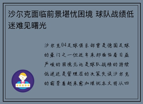 沙尔克面临前景堪忧困境 球队战绩低迷难见曙光